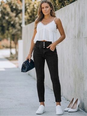 🖤✨ High Waist Black Skinny Jeans Smocked Button Detail | M/L